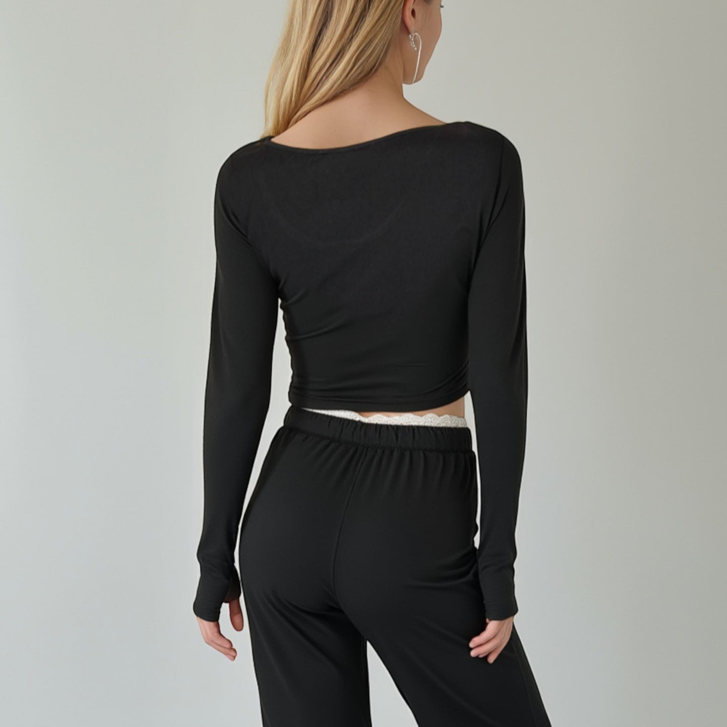 Lounge Women's Lace Trim Long Sleeve Lounge Top and Jogger Pants Pajama Set with Drawstring Waist