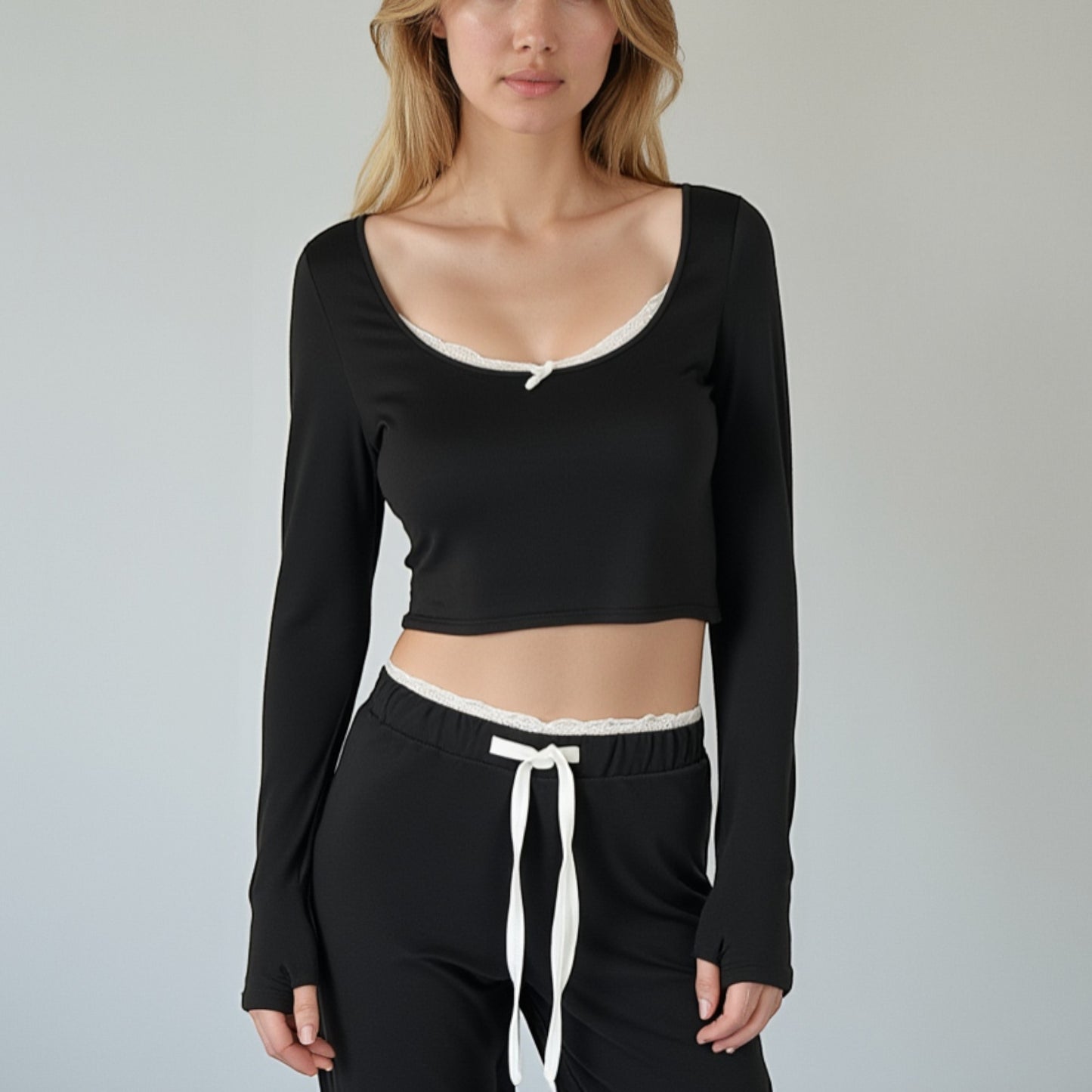 Lounge Women's Lace Trim Long Sleeve Lounge Top and Jogger Pants Pajama Set with Drawstring Waist
