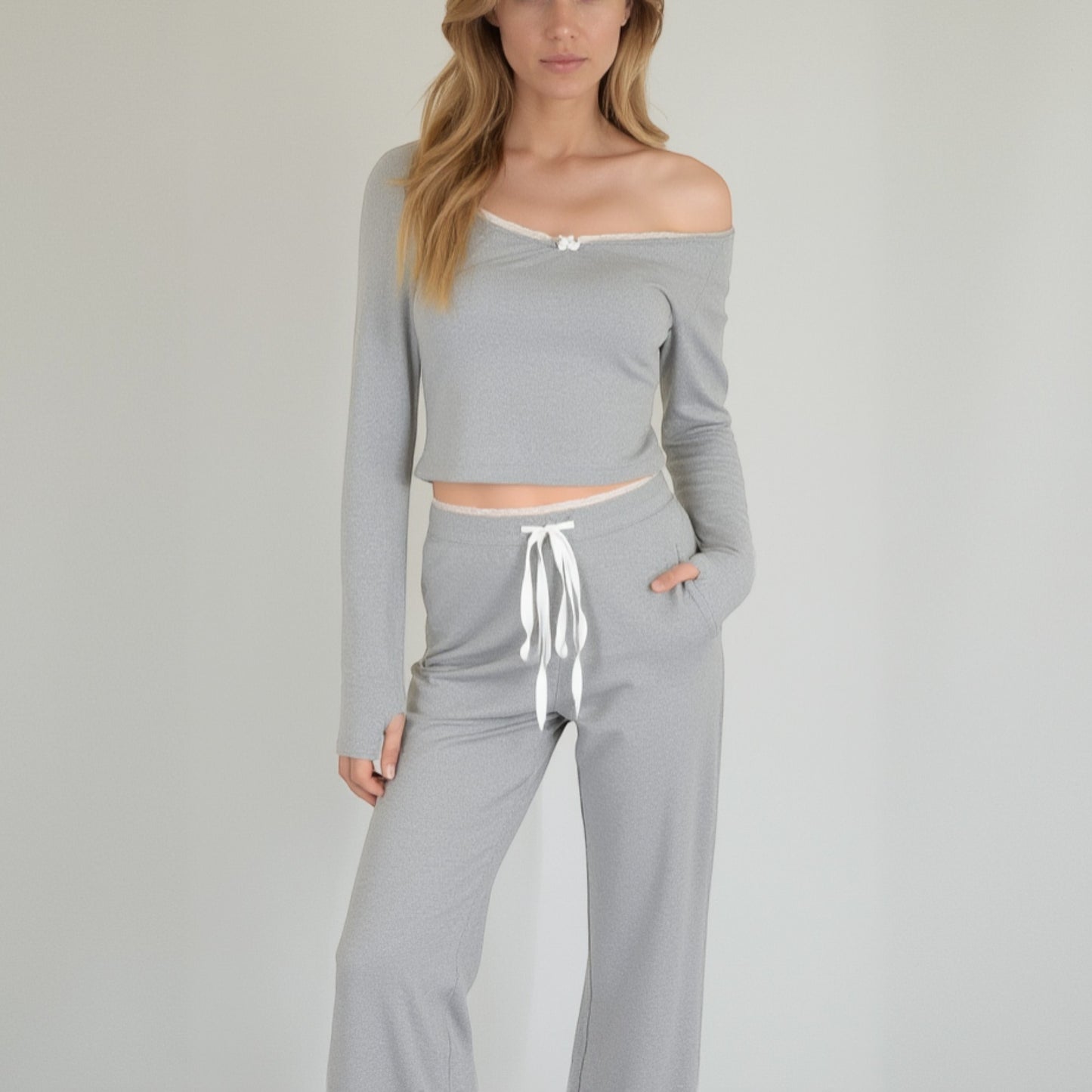 Lounge Women's Lace Trim Long Sleeve Lounge Top and Jogger Pants Pajama Set with Drawstring Waist