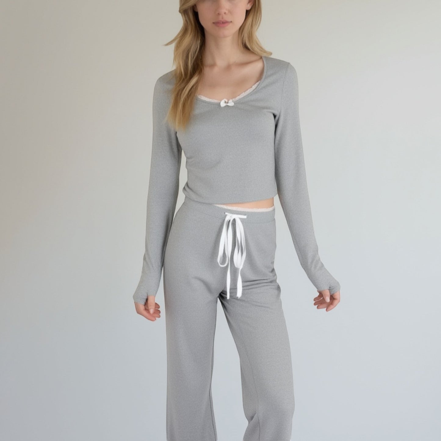 Lounge Women's Lace Trim Long Sleeve Lounge Top and Jogger Pants Pajama Set with Drawstring Waist
