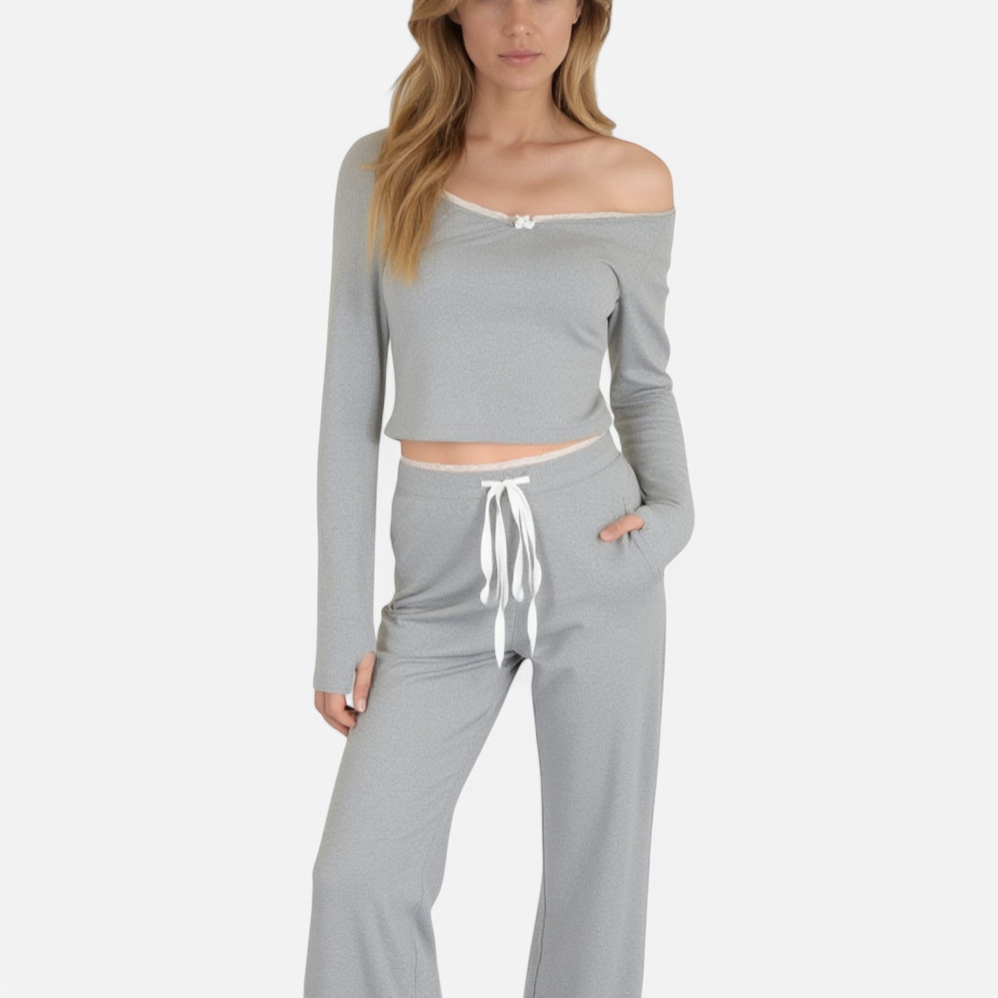 Lounge Women's Lace Trim Long Sleeve Lounge Top and Jogger Pants Pajama Set with Drawstring Waist