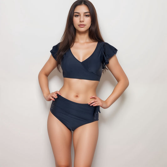 Swim Women's Two Piece Bikini Set with Flutter Sleeve Top and High Waist Ruched Bottoms