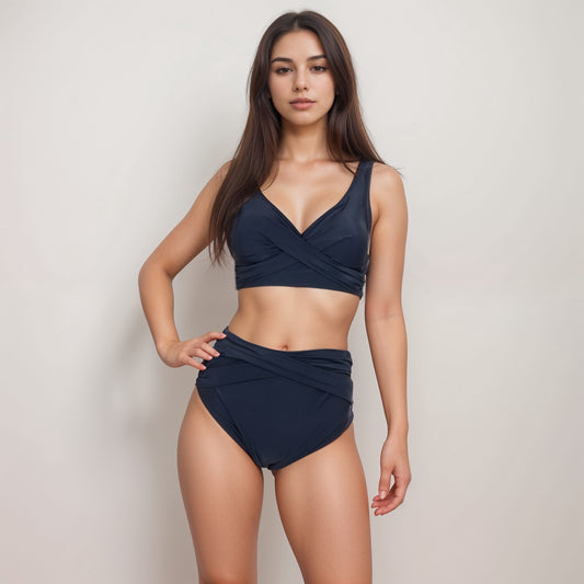 Swim Women's Crossover Bikini Set with Wide Strap Top and High Waist Twist Front Bottoms