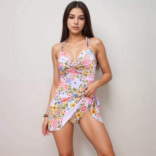 Swim Women's Floral Print One Piece Swim Dress with Ruched Bust and Adjustable Side Tie Skirt Overlay