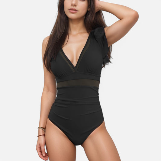 Swim Women's Ruffle Sleeve One Piece Swimsuit with Deep V-Neckline and Mesh Waist Detail