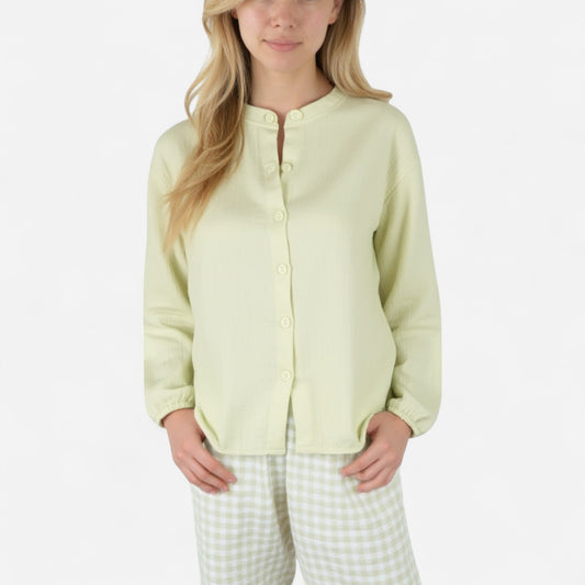 Woven Pajama Set with Long Sleeve Button-Up Top Elastic Cuff Sleeves and Relaxed Gingham Print Lounge Pants