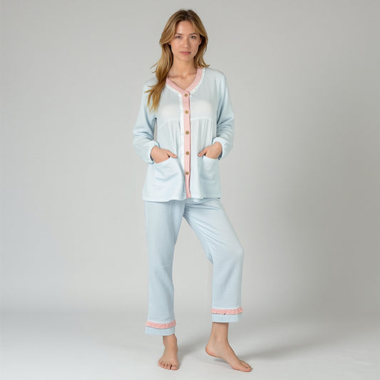 Lounge Women's Long Sleeve Button Up Pajama Set with Ruffle Trim and Front Patch Pockets