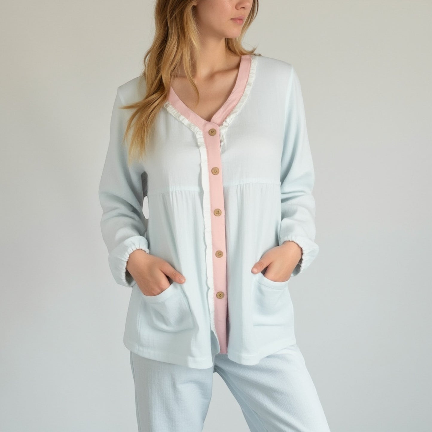 Lounge Women's Long Sleeve Button Up Pajama Set with Ruffle Trim and Front Patch Pockets