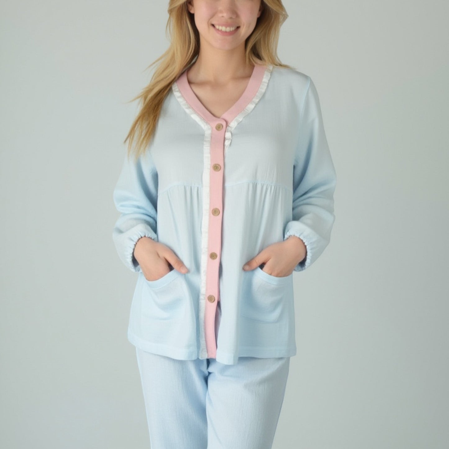 Lounge Women's Long Sleeve Button Up Pajama Set with Ruffle Trim and Front Patch Pockets