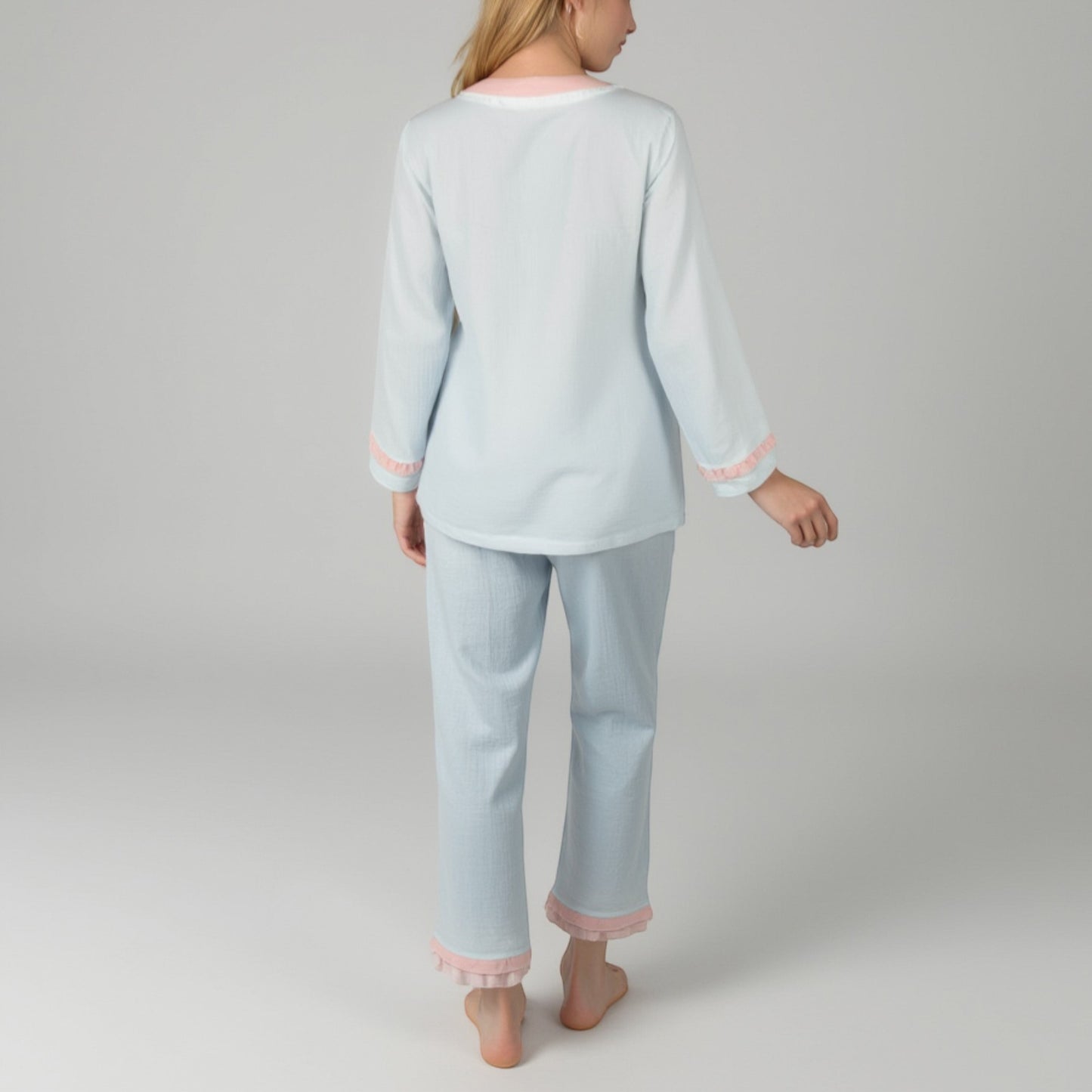 Lounge Women's Long Sleeve Button Up Pajama Set with Ruffle Trim and Front Patch Pockets