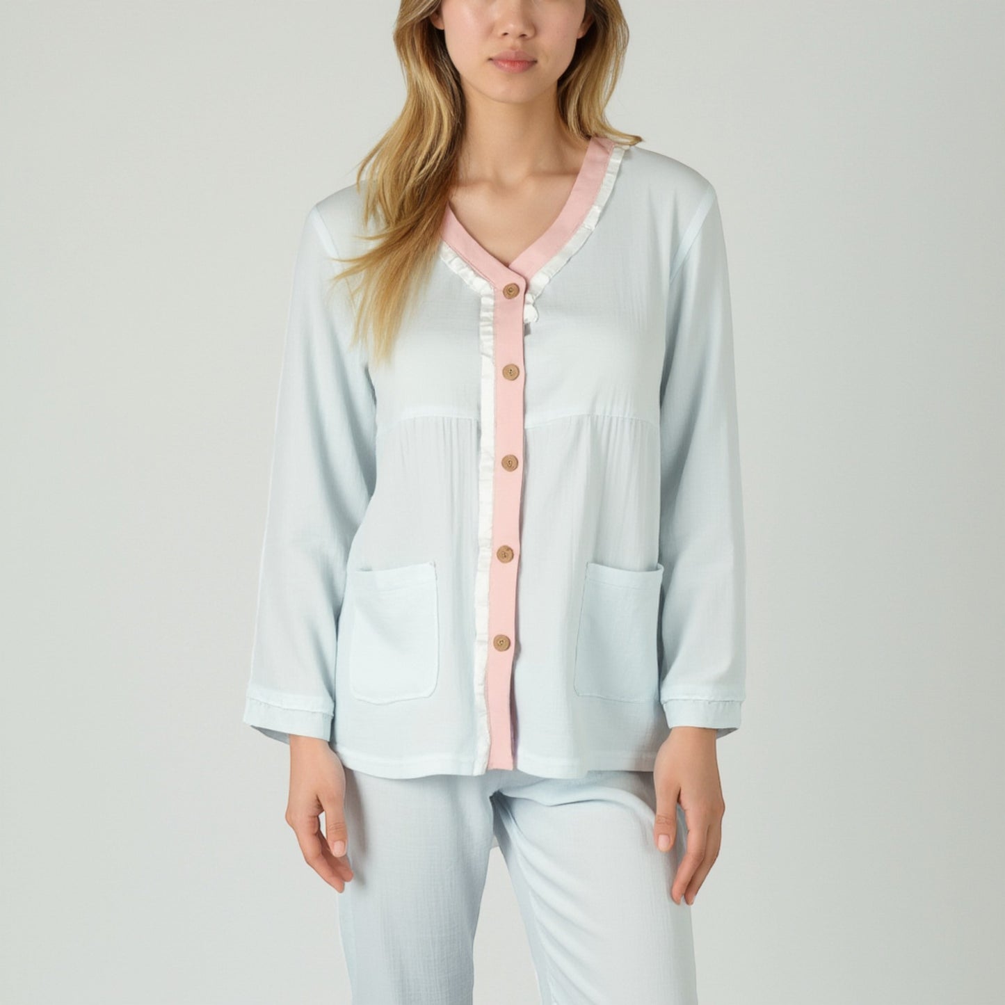 Lounge Women's Long Sleeve Button Up Pajama Set with Ruffle Trim and Front Patch Pockets