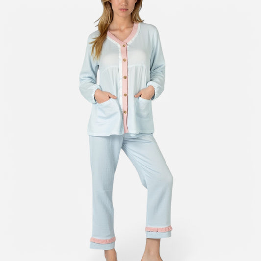 Lounge Women's Long Sleeve Button Up Pajama Set with Ruffle Trim and Front Patch Pockets