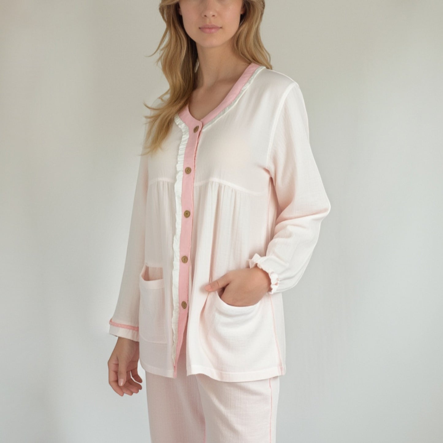 Lounge Women's Long Sleeve Button Up Pajama Set with Ruffle Trim and Front Patch Pockets