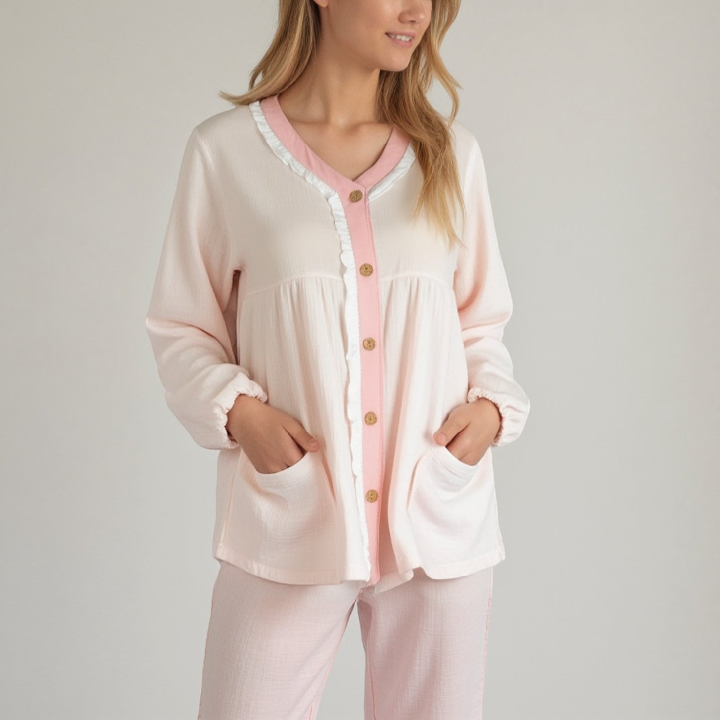 Lounge Women's Long Sleeve Button Up Pajama Set with Ruffle Trim and Front Patch Pockets