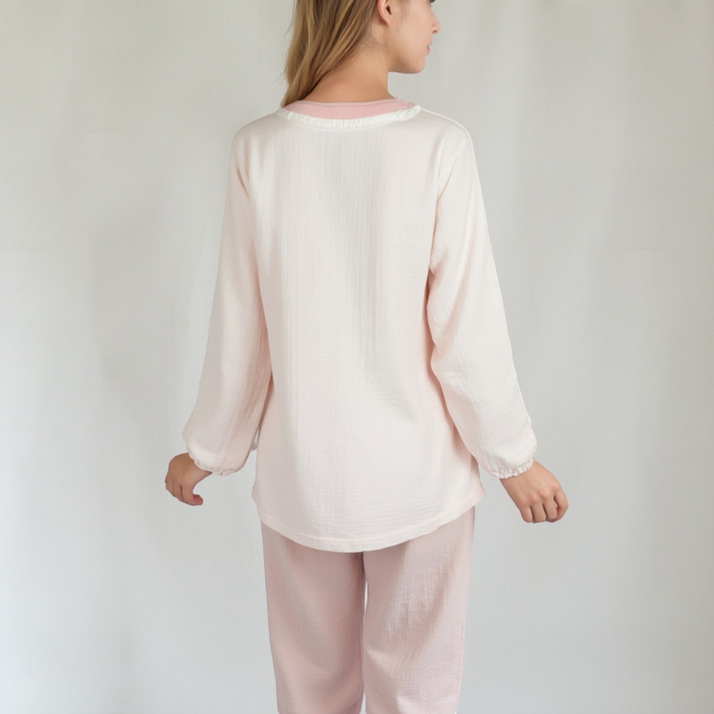 Lounge Women's Long Sleeve Button Up Pajama Set with Ruffle Trim and Front Patch Pockets
