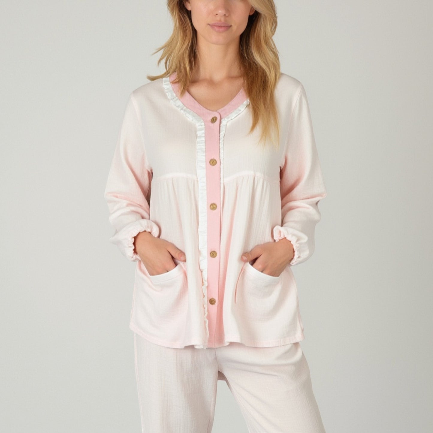 Lounge Women's Long Sleeve Button Up Pajama Set with Ruffle Trim and Front Patch Pockets
