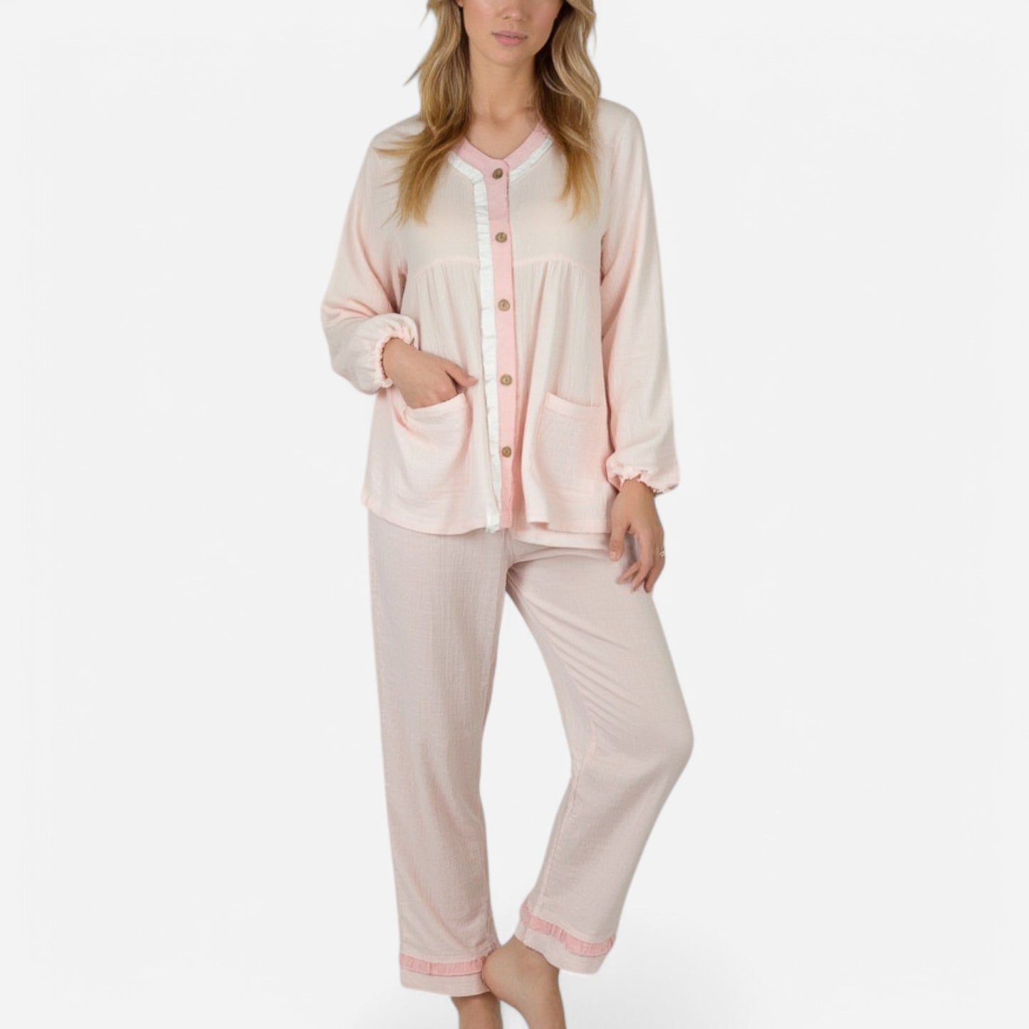 Lounge Women's Long Sleeve Button Up Pajama Set with Ruffle Trim and Front Patch Pockets