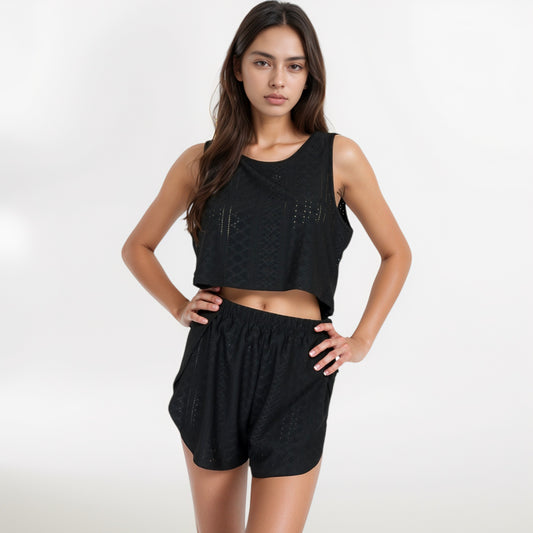 Eyelet Tank and Lounge Shorts Set with Elastic Waist and Relaxed Cropped Fit