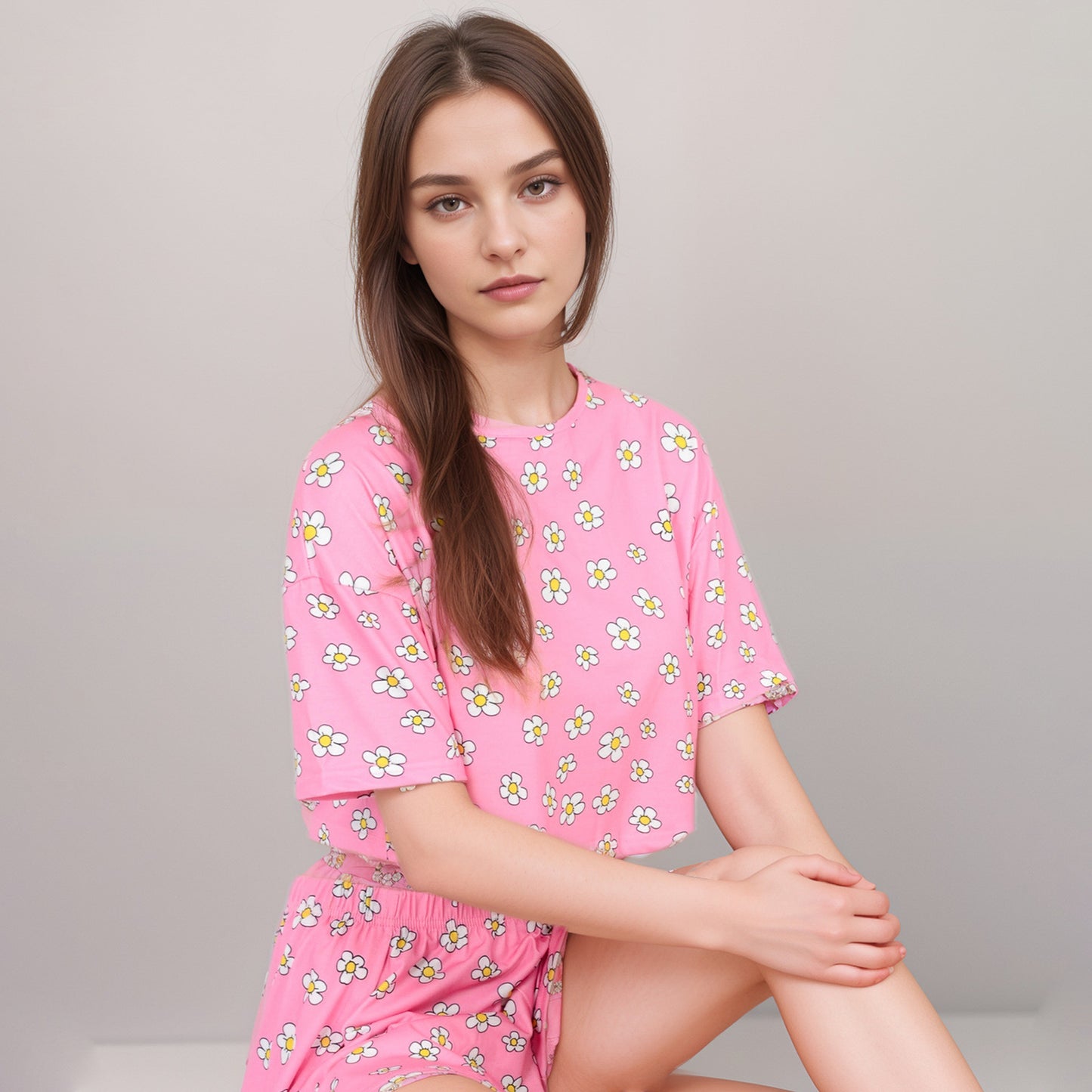 Daisy Print Pajama Set with Cropped Short Sleeve Top Crew Neckline and Elastic Waist Relaxed Fit Shorts