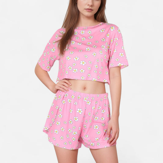 Daisy Print Pajama Set with Cropped Short Sleeve Top Crew Neckline and Elastic Waist Relaxed Fit Shorts