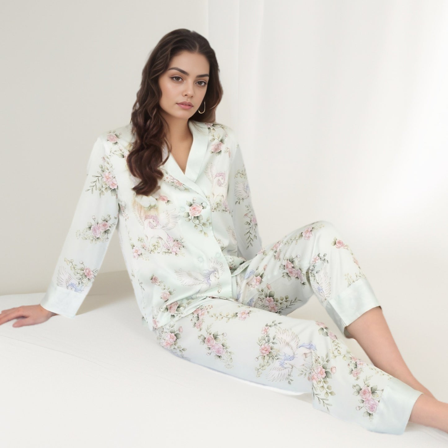 Satin Floral Pajama Set with Long Sleeve Notched Collar Button-Up Top and Relaxed Fit Full-Length Pants