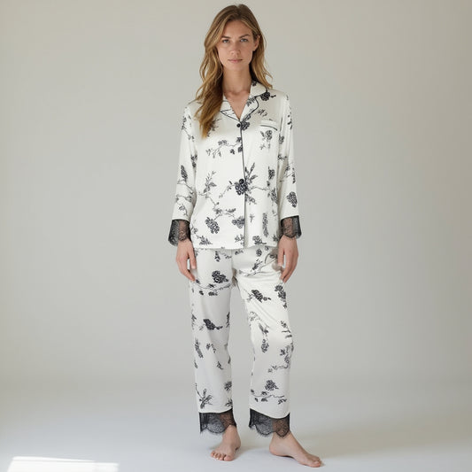 Lounge Women's Satin Pajama Set with Floral Print Long Sleeves and Lace Trim Cuffs and Hem