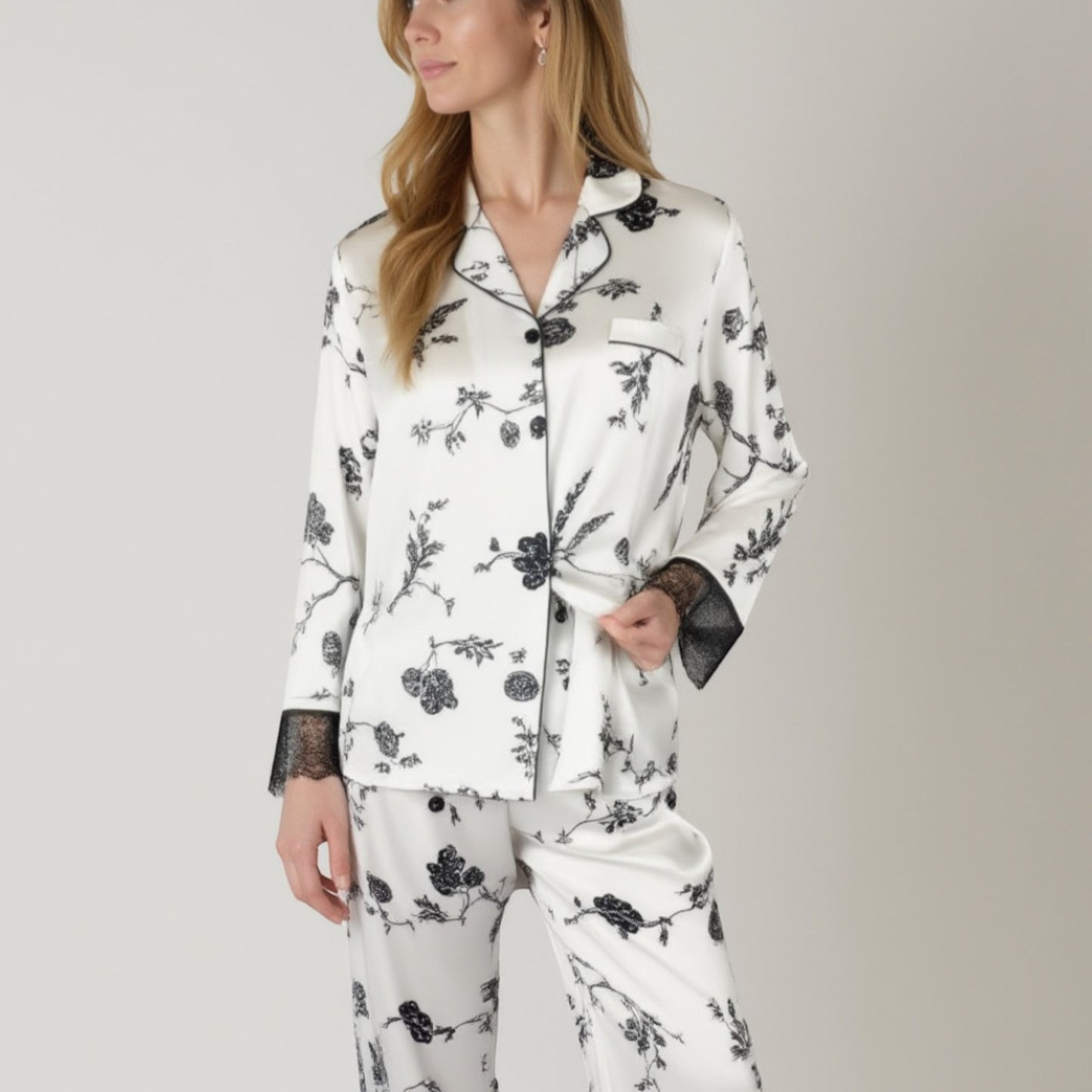 Lounge Women's Satin Pajama Set with Floral Print Long Sleeves and Lace Trim Cuffs and Hem
