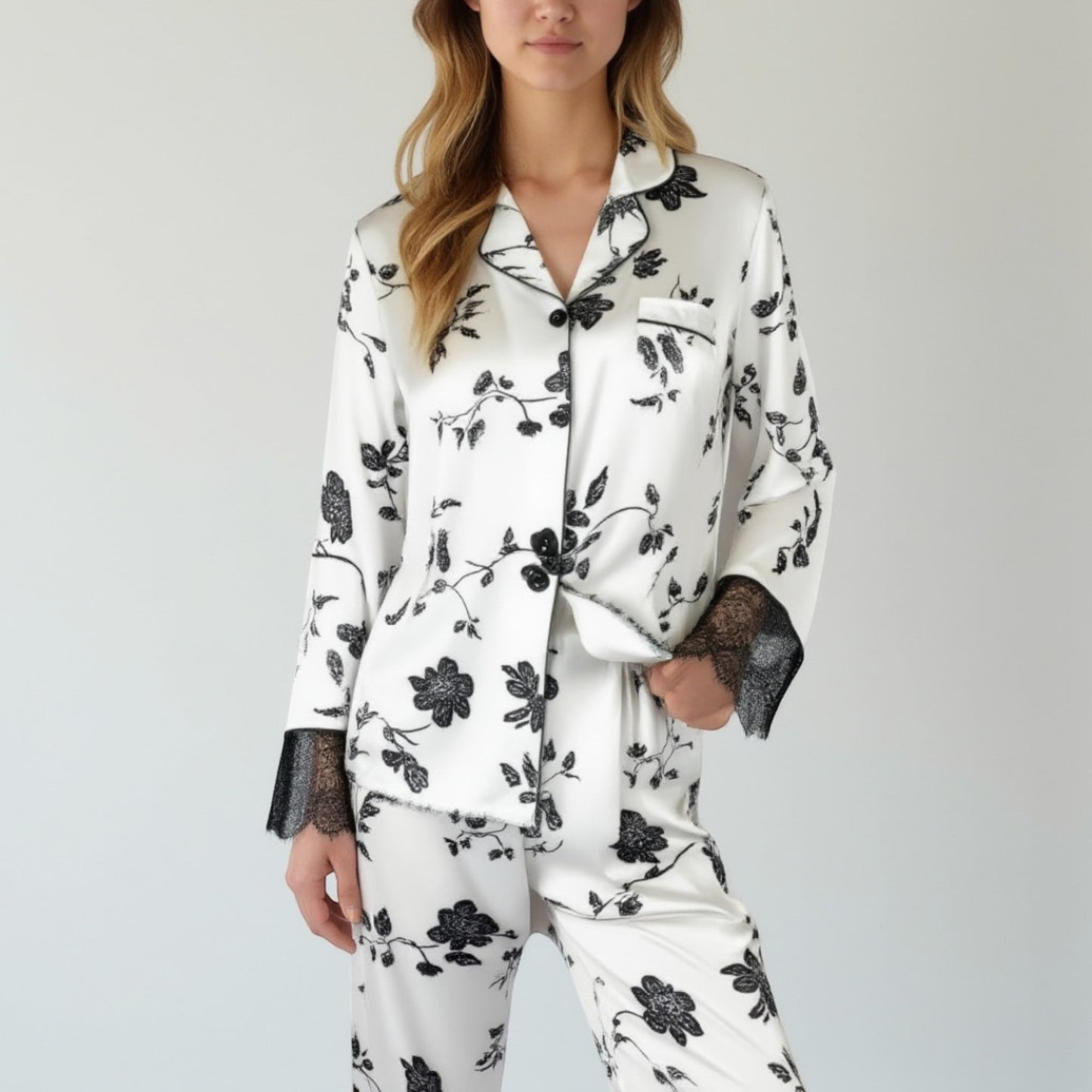 Lounge Women's Satin Pajama Set with Floral Print Long Sleeves and Lace Trim Cuffs and Hem