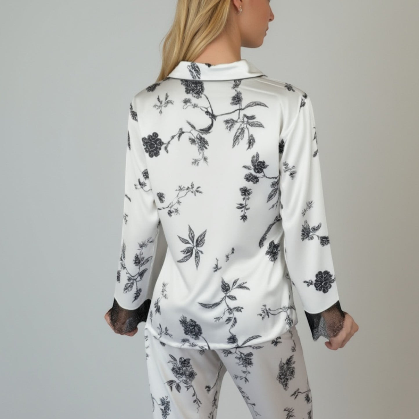 Lounge Women's Satin Pajama Set with Floral Print Long Sleeves and Lace Trim Cuffs and Hem
