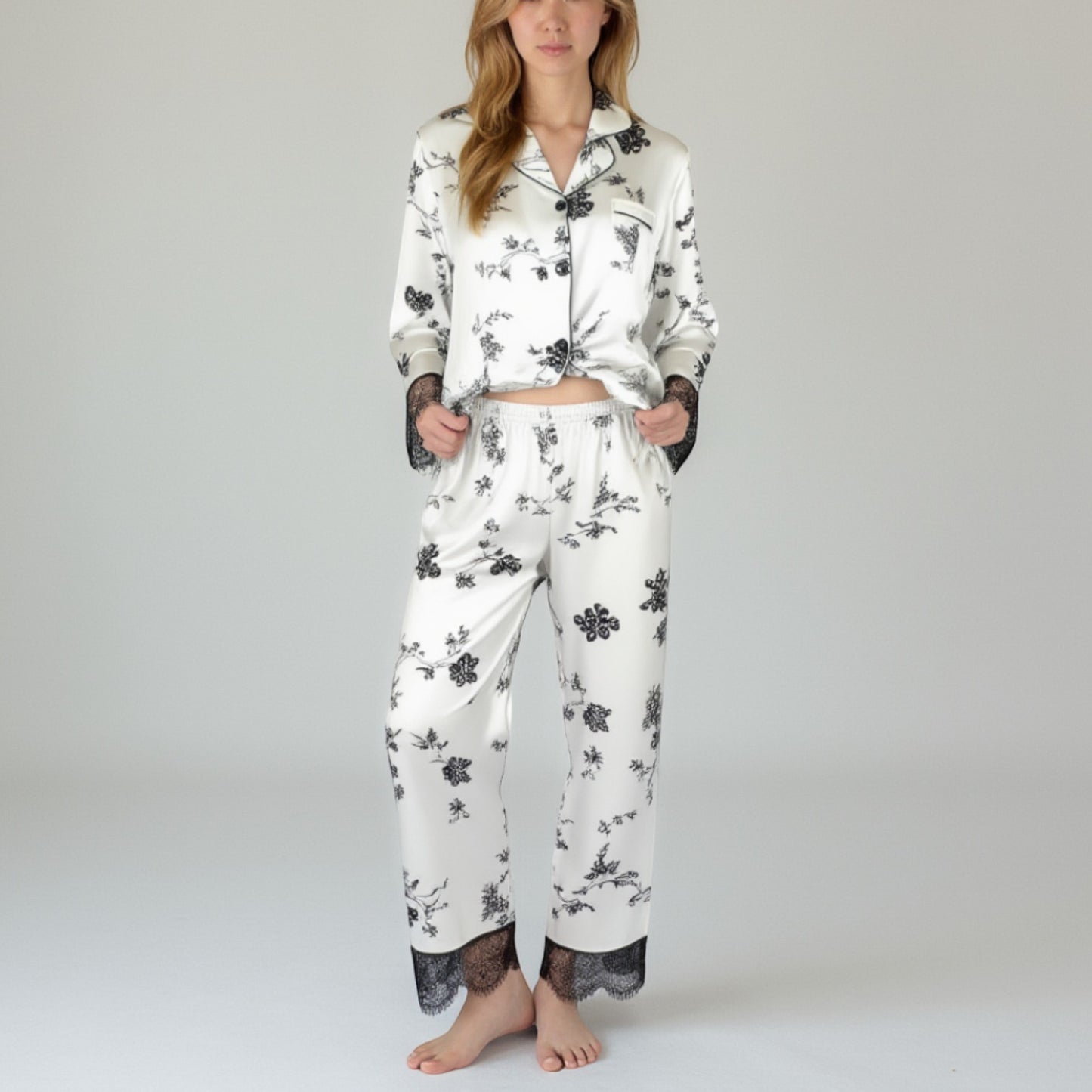 Lounge Women's Satin Pajama Set with Floral Print Long Sleeves and Lace Trim Cuffs and Hem