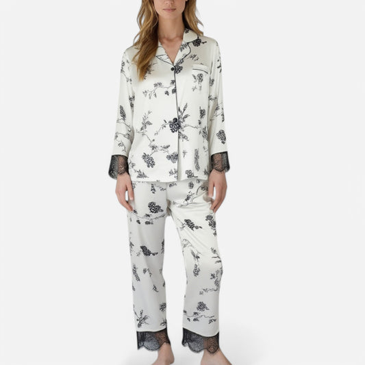 Lounge Women's Satin Pajama Set with Floral Print Long Sleeves and Lace Trim Cuffs and Hem