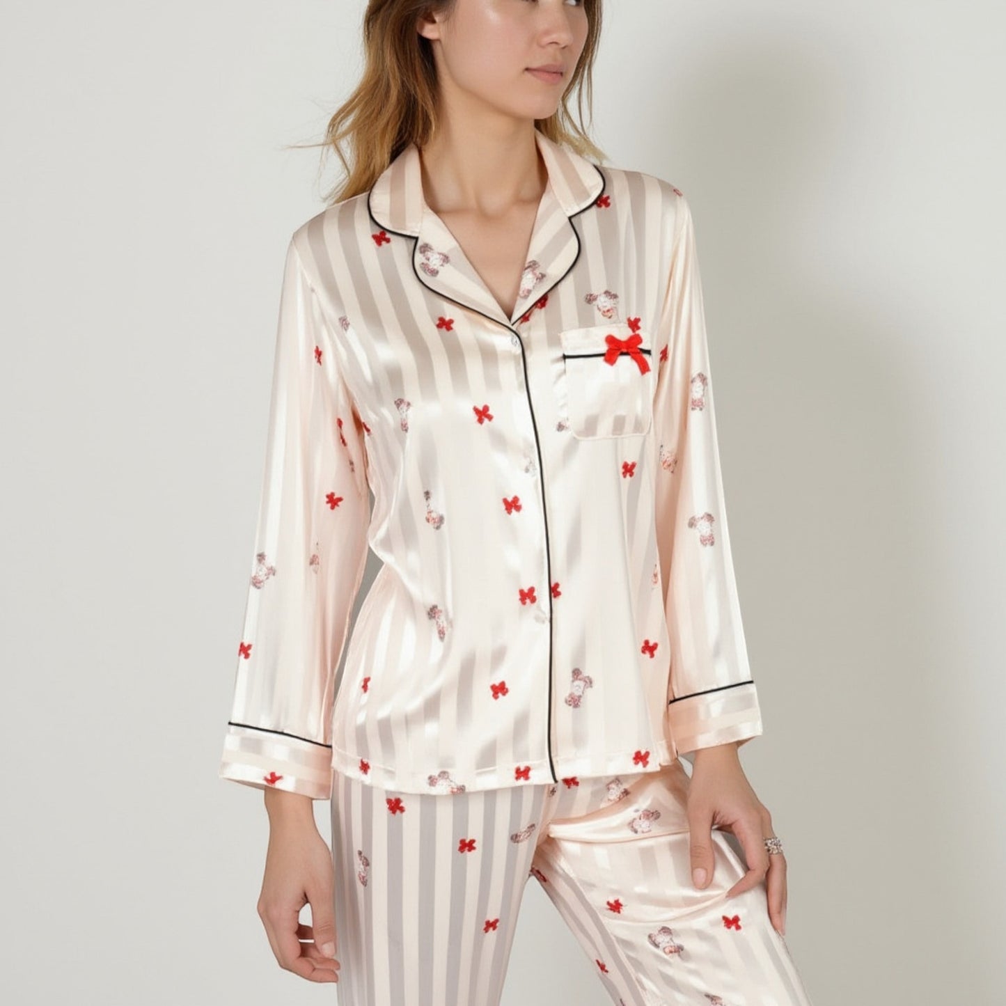 Lounge Women's Satin Pajama Set with Striped Print Contrast Trim and Long Sleeve Button-Up Top