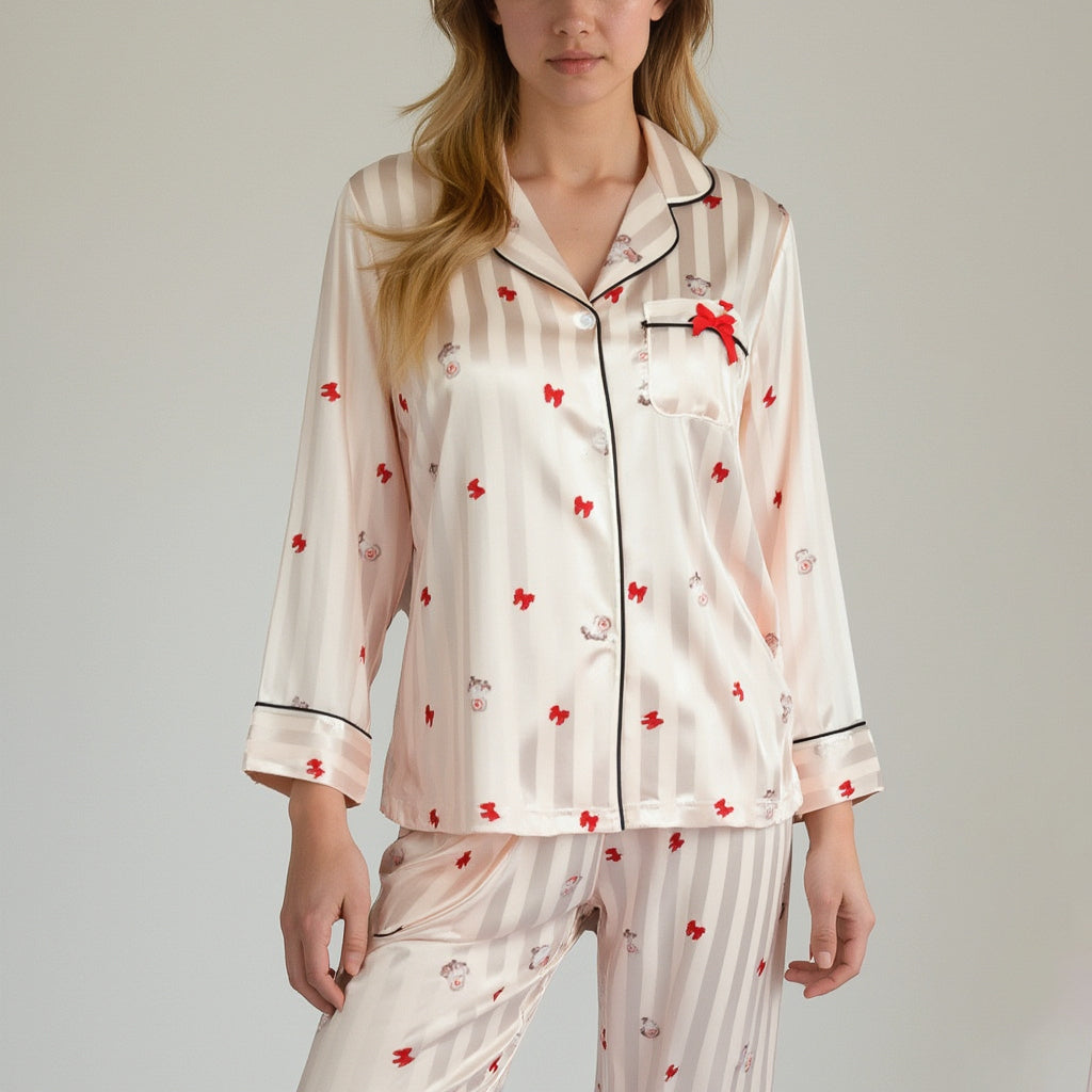 Lounge Women's Satin Pajama Set with Striped Print Contrast Trim and Long Sleeve Button-Up Top