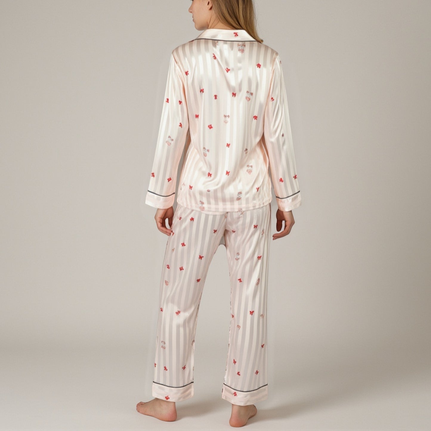 Lounge Women's Satin Pajama Set with Striped Print Contrast Trim and Long Sleeve Button-Up Top