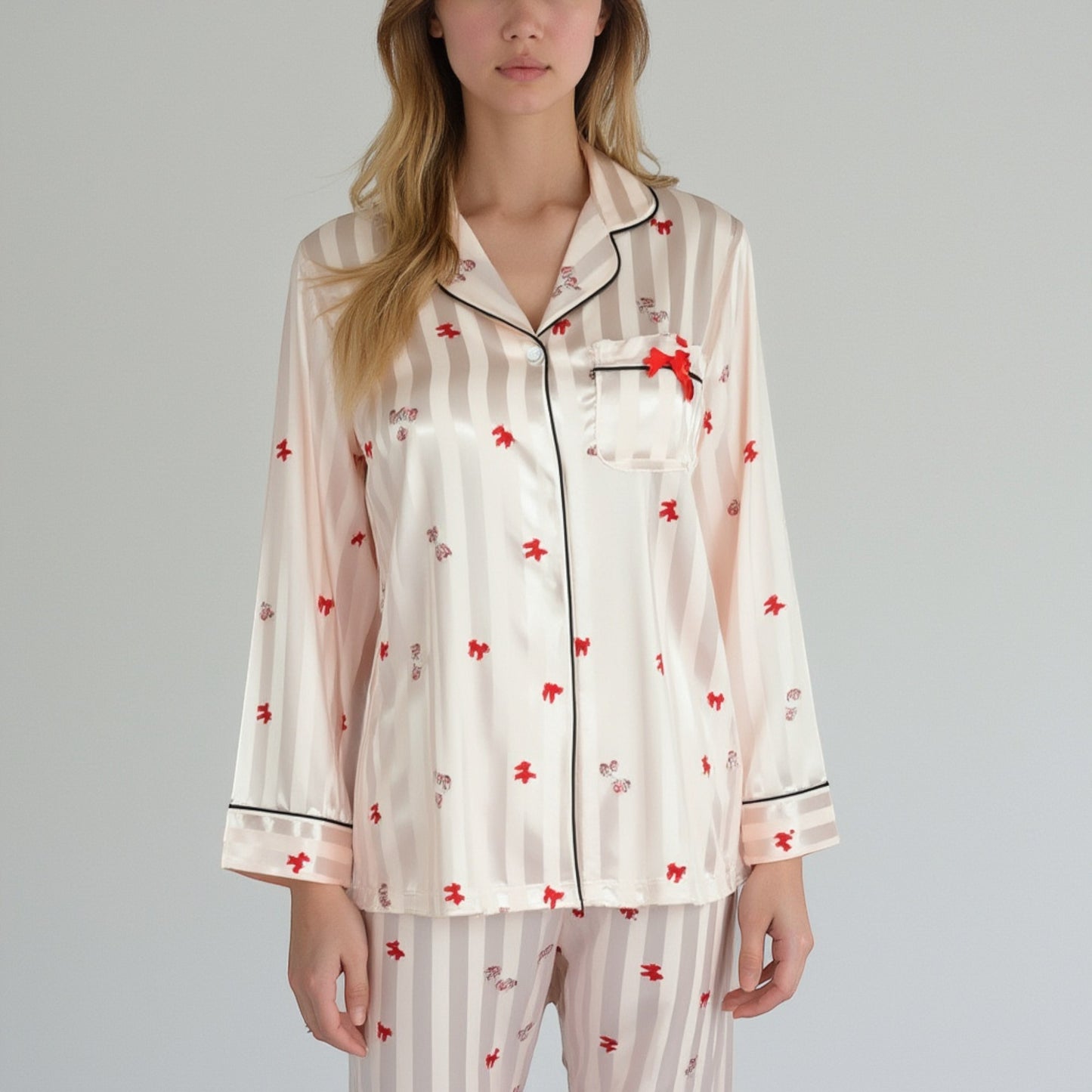 Lounge Women's Satin Pajama Set with Striped Print Contrast Trim and Long Sleeve Button-Up Top