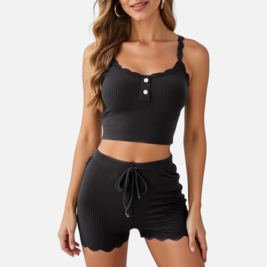 Lounge Women's Ribbed Lace Trim Pajama Set with Button Front and Drawstring Shorts