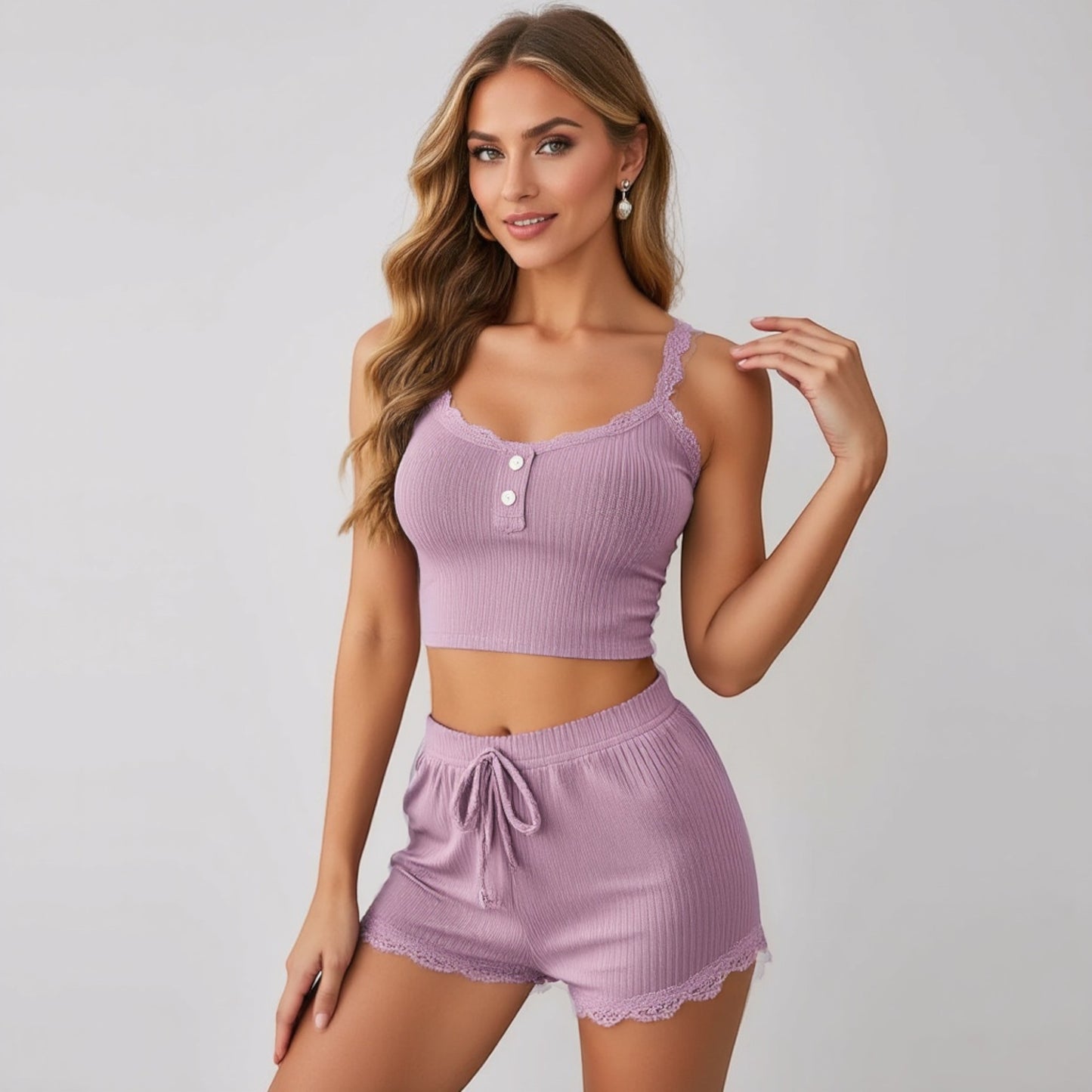 Lounge Women's Ribbed Lace Trim Pajama Set with Button Front and Drawstring Shorts