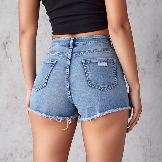 High Waist Distressed Denim Shorts with Raw Hem