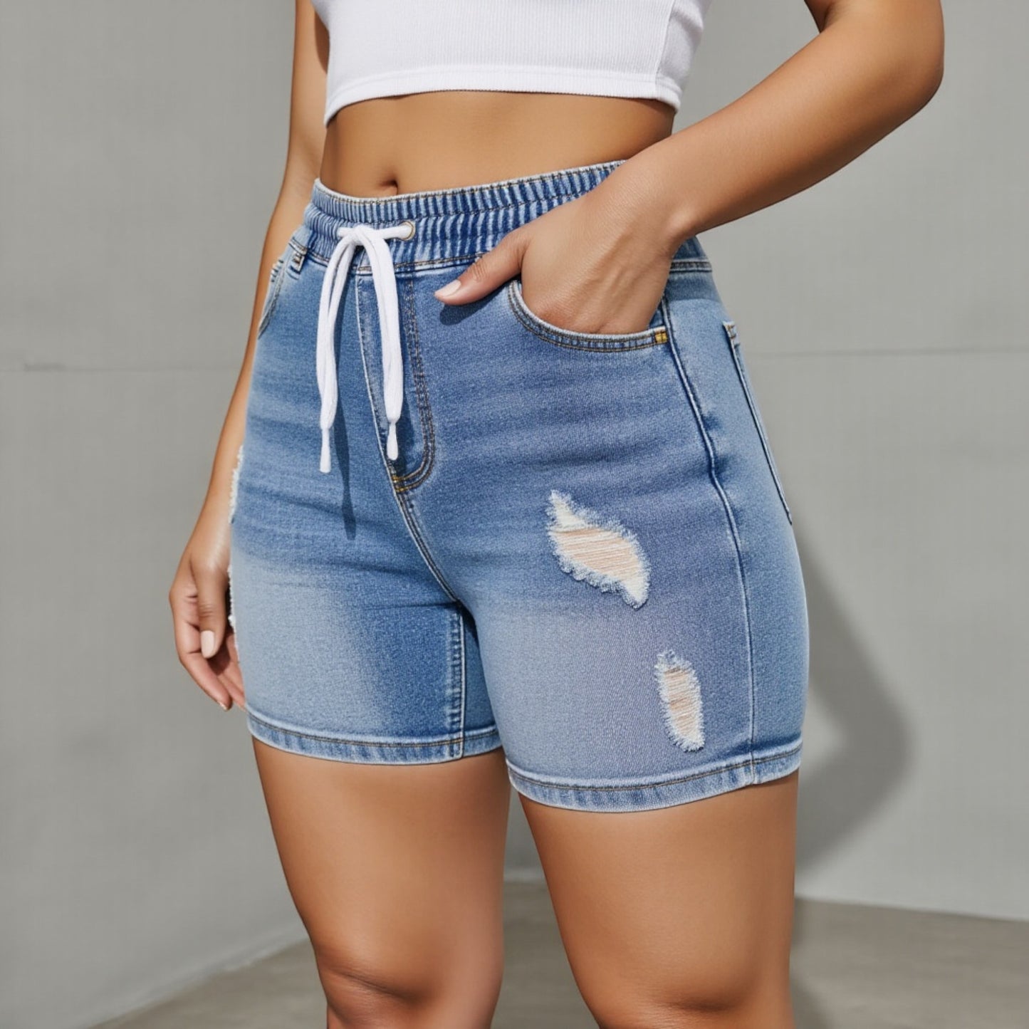 Women's High Waist Drawstring Denim Shorts with Distressed Detailing and Stretch Fit
