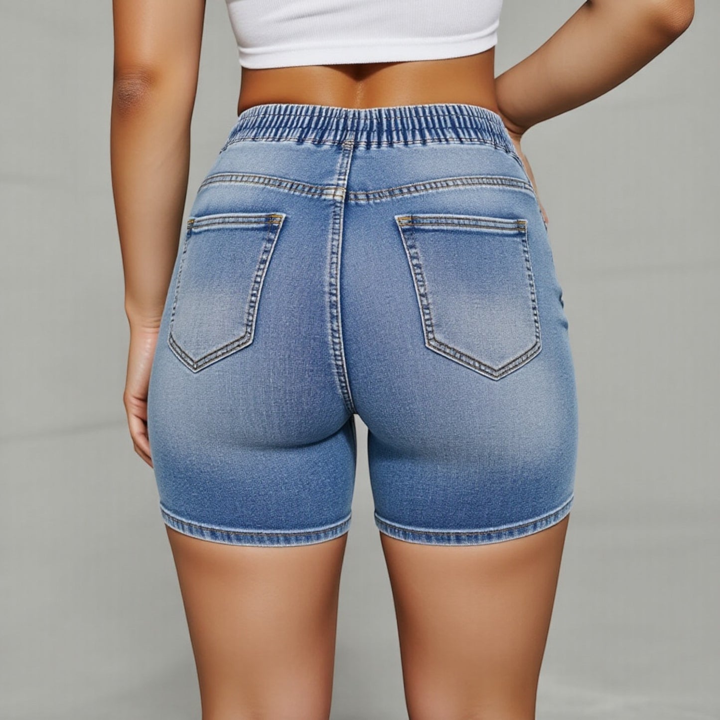Women's High Waist Drawstring Denim Shorts with Distressed Detailing and Stretch Fit