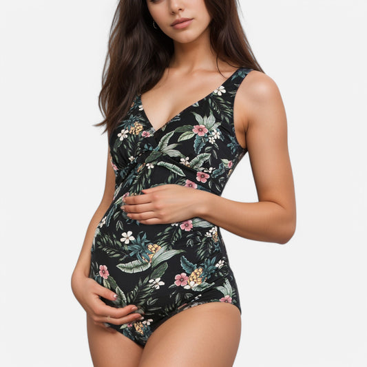 Swim Women's Tropical Print One-Piece Maternity Swimsuit with V-Neck and Ruched Sides for Growing Belly