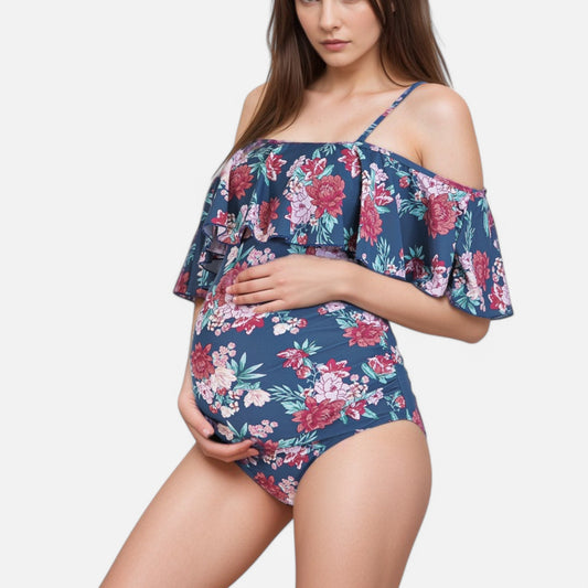 Swim Women's Ruffle Off-Shoulder Floral Maternity Swimsuit with Adjustable Straps and Ruched Belly Support