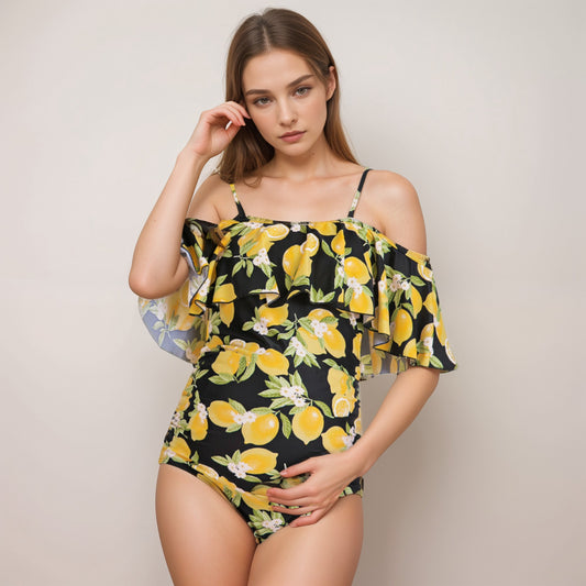 Swim Women's Lemon Print Off-Shoulder Maternity Swimsuit with Ruffle Overlay and Adjustable Spaghetti Straps