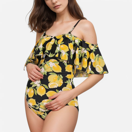 Swim Women's Lemon Print Off-Shoulder Maternity Swimsuit with Ruffle Overlay and Adjustable Spaghetti Straps