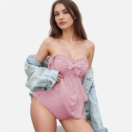 Swim Women's Maternity Strapless Eyelet Lace One-Piece Swimsuit with Ruffled Trim and Sheer Bow Overlay