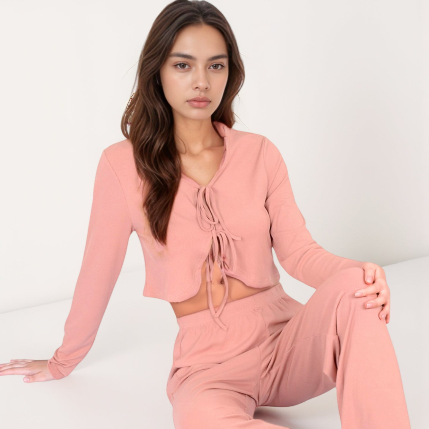 Long Sleeve Pajama Set with Tie Front Cropped Top and Relaxed Fit High Waist Full-Length Lounge Pants