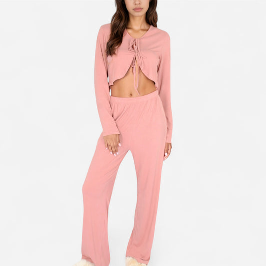 Long Sleeve Pajama Set with Tie Front Cropped Top and Relaxed Fit High Waist Full-Length Lounge Pants