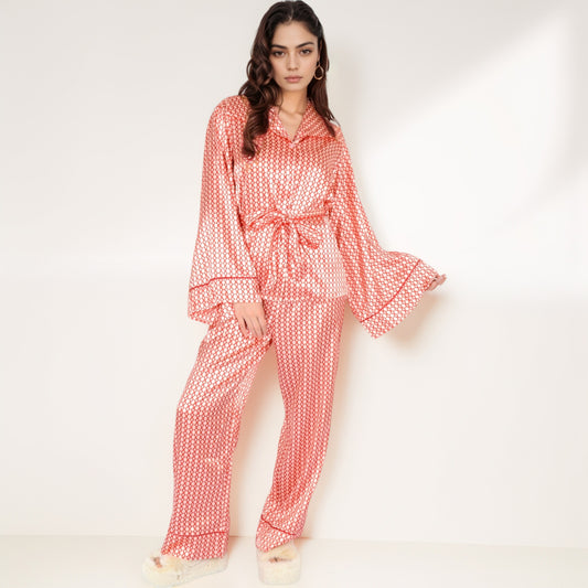 Printed Satin Pajama Set with Long Sleeve Wrap Top Self-Tie Waist and Full-Length Relaxed Fit Lounge Pants