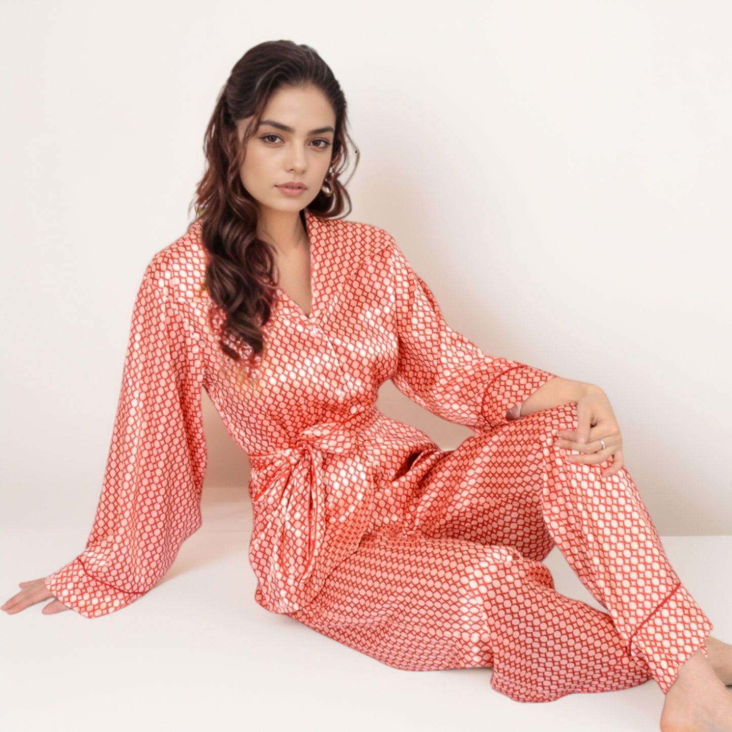 Printed Satin Pajama Set with Long Sleeve Wrap Top Self-Tie Waist and Full-Length Relaxed Fit Lounge Pants