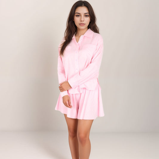 Button-Up Pajama Set with Long Sleeve Collared Top Front Pockets and Relaxed Fit Matching Lounge Shorts